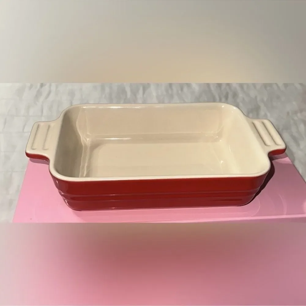 LE CREUSET Red Ivory Stoneware 7 inch Square Baking Dish Pan Set of 2